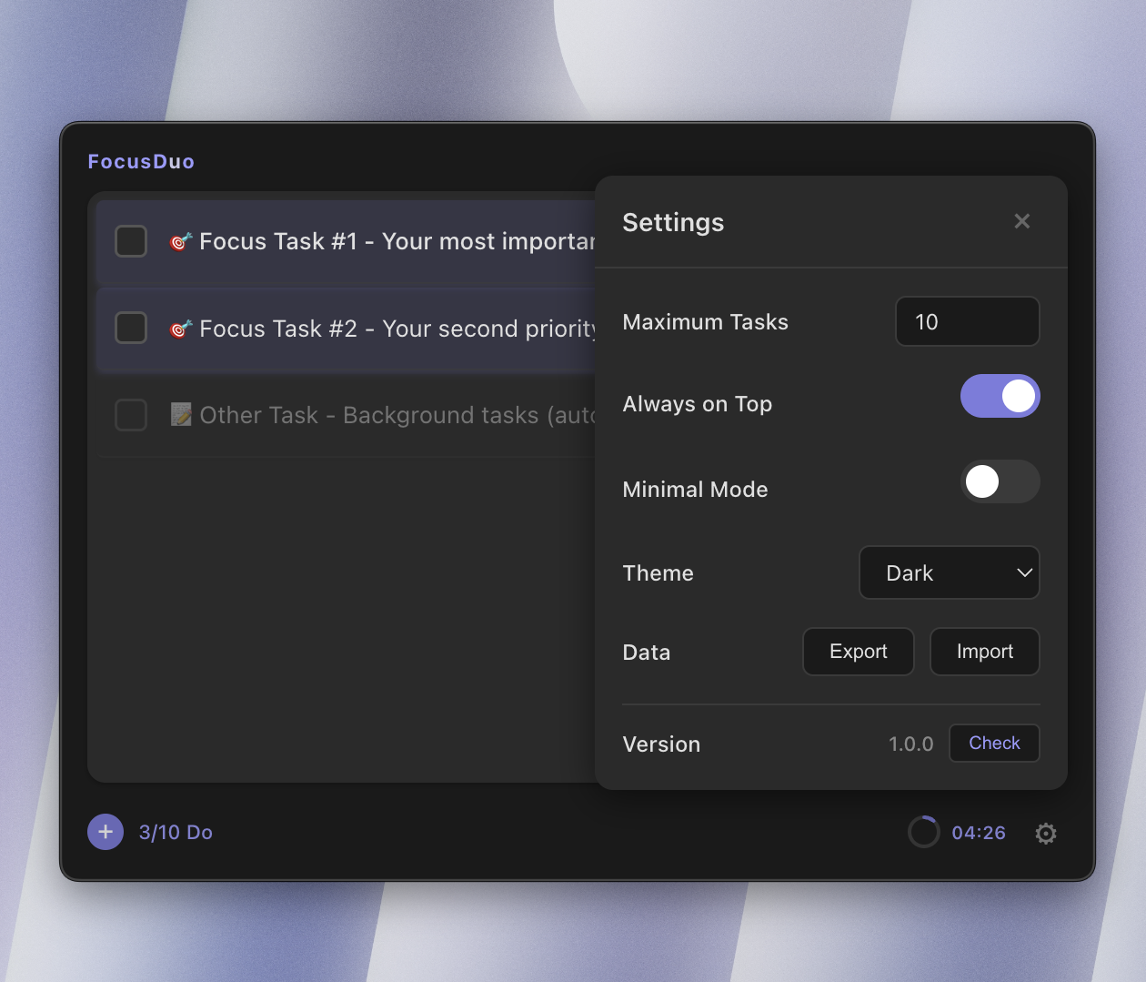 Settings panel