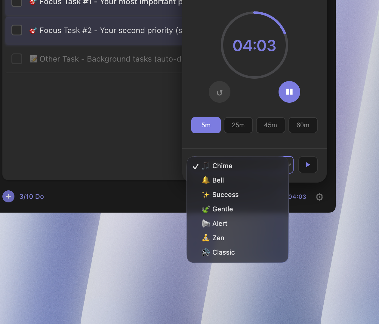 Timer with sound selection